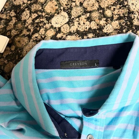 Greyson Short Sleeve Polo Golf Shirt Blue Purple Stripe Men's Size L Performance - Picture 5 of 6
